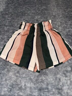 Amazon Girls' Striped Elastic-Waist Shorts in Pink, Dark Green & White